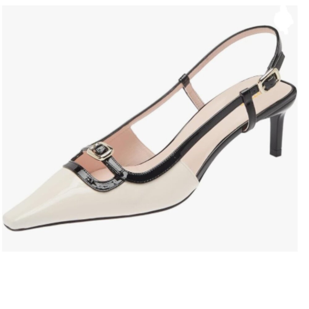 Pazzion Black Square Toe Slingback Pump Mid Heel Backstrap Buckle Slip On Sandal